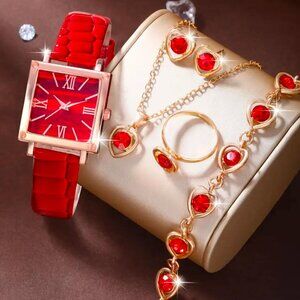 New 5pc Women's Red Watch & Heart Bracelet Set with Earrings, Necklace & Ring